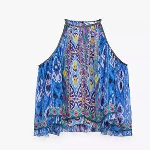 ZARA PRINTED HALTERNECK TOP BOHO IKAT BATIK AZTEC BLUE PURPLE XL NWT